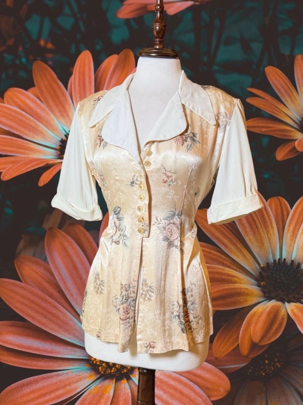 Cream Floral Satin Button-Front Women's Top